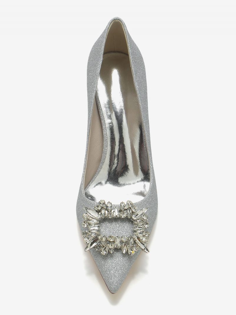 Chaussures Mariage Pour Femmes Escarpins Mariée Tissu Pailleté Bout Pointu Strass - Argent