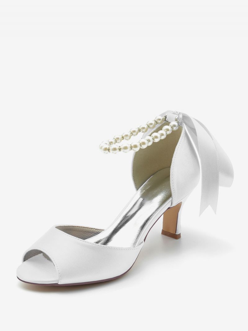 Chaussures Mariage Pour Femmes Escarpins Satin Avec Perles Blanches Bout Ouvert Bride À La Cheville Et Nœud