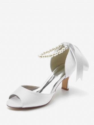 Chaussures Mariage Pour Femmes Escarpins Satin Avec Perles Blanches Bout Ouvert Bride À La Cheville Et Nœud