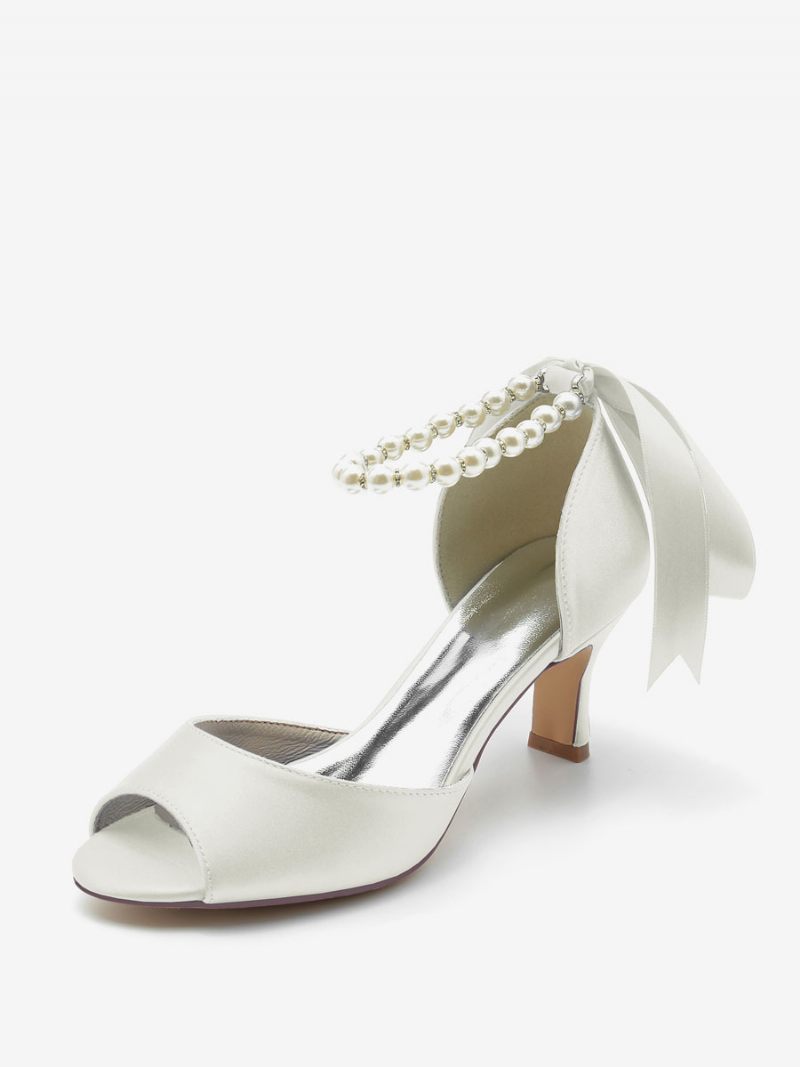 Chaussures Mariage Pour Femmes Escarpins Satin Avec Perles Blanches Bout Ouvert Bride À La Cheville Et Nœud - Ivoire