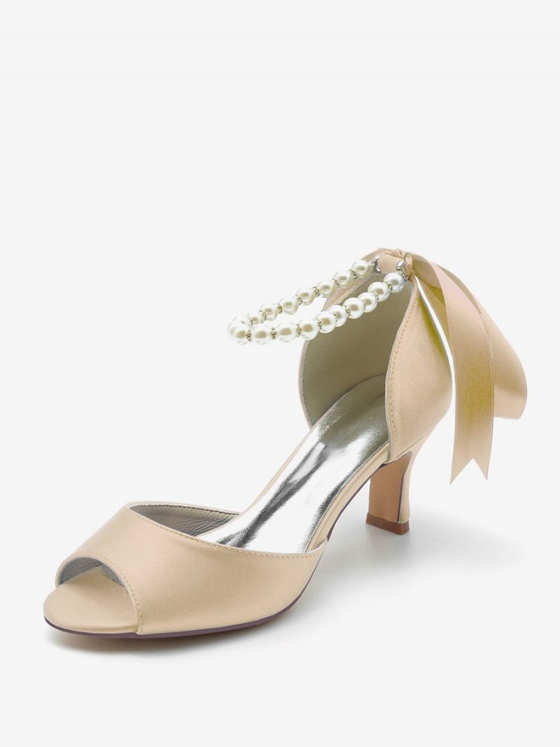 Chaussures Mariage Pour Femmes Escarpins Satin Avec Perles Blanches Bout Ouvert Bride À La Cheville Et Nœud - Champagne