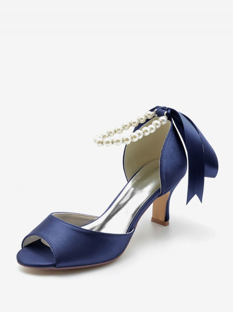 Chaussures Mariage Pour Femmes Escarpins Satin Avec Perles Blanches Bout Ouvert Bride À La Cheville Et Nœud - Bleu Profond