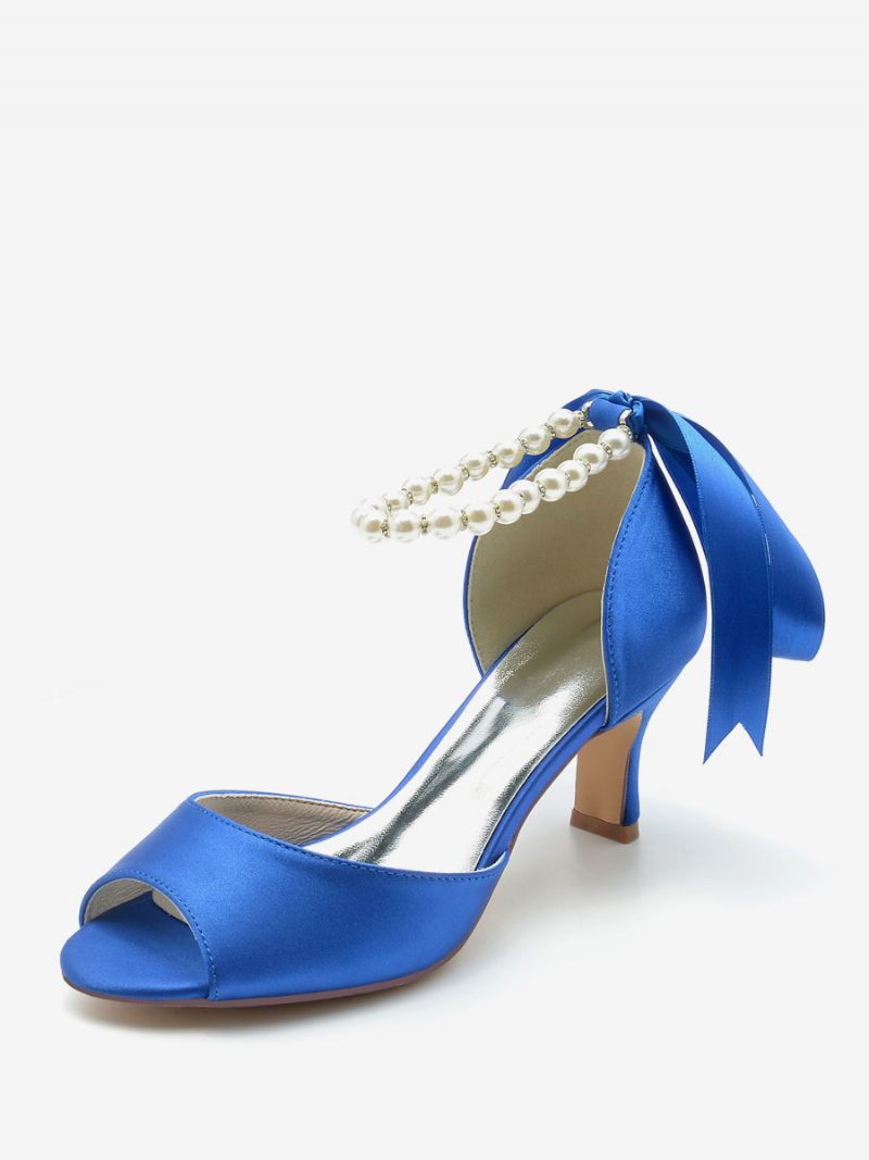 Chaussures Mariage Pour Femmes Escarpins Satin Avec Perles Blanches Bout Ouvert Bride À La Cheville Et Nœud - Bleu Royal