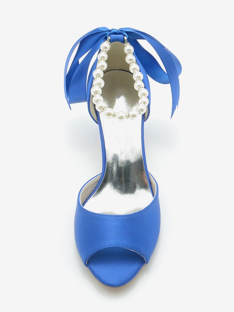 Chaussures Mariage Pour Femmes Escarpins Satin Avec Perles Blanches Bout Ouvert Bride À La Cheville Et Nœud - Bleu Royal