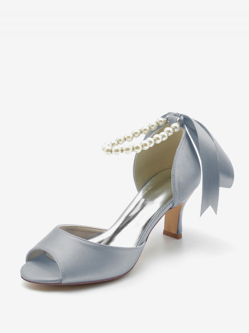 Chaussures Mariage Pour Femmes Escarpins Satin Avec Perles Blanches Bout Ouvert Bride À La Cheville Et Nœud - Argent