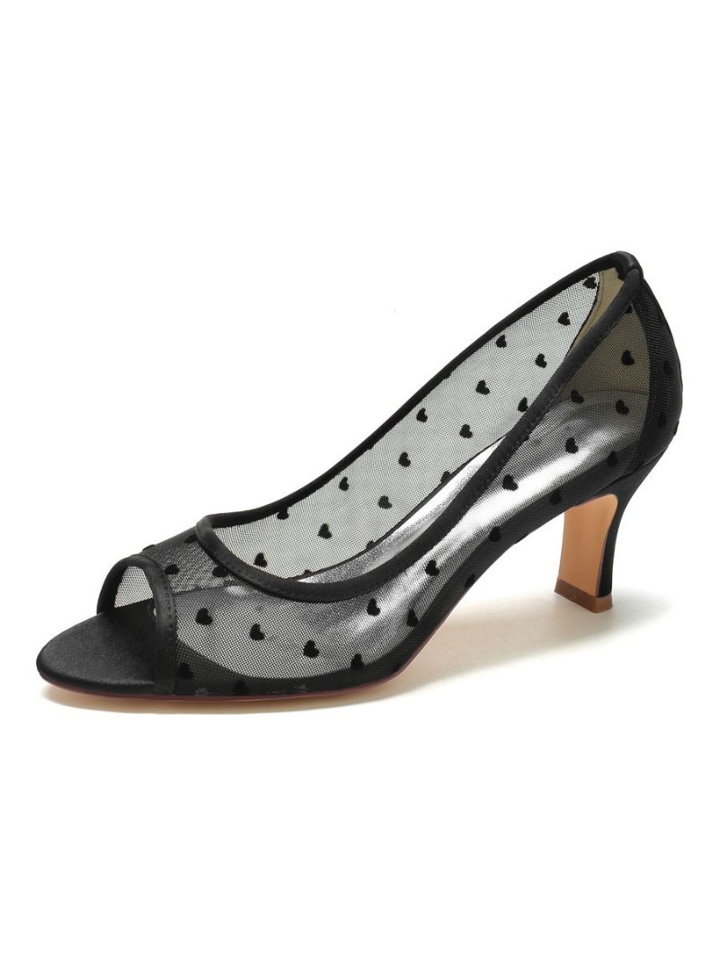 Chaussures Mariage Pour Femmes Mariée Maille Brodée À Bout Ouvert Et Talon Épais - Noir