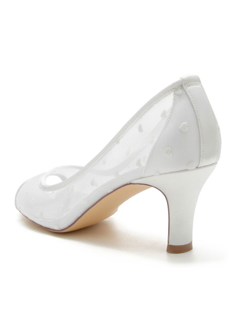 Chaussures Mariage Pour Femmes Mariée Maille Brodée À Bout Ouvert Et Talon Épais - Blanc