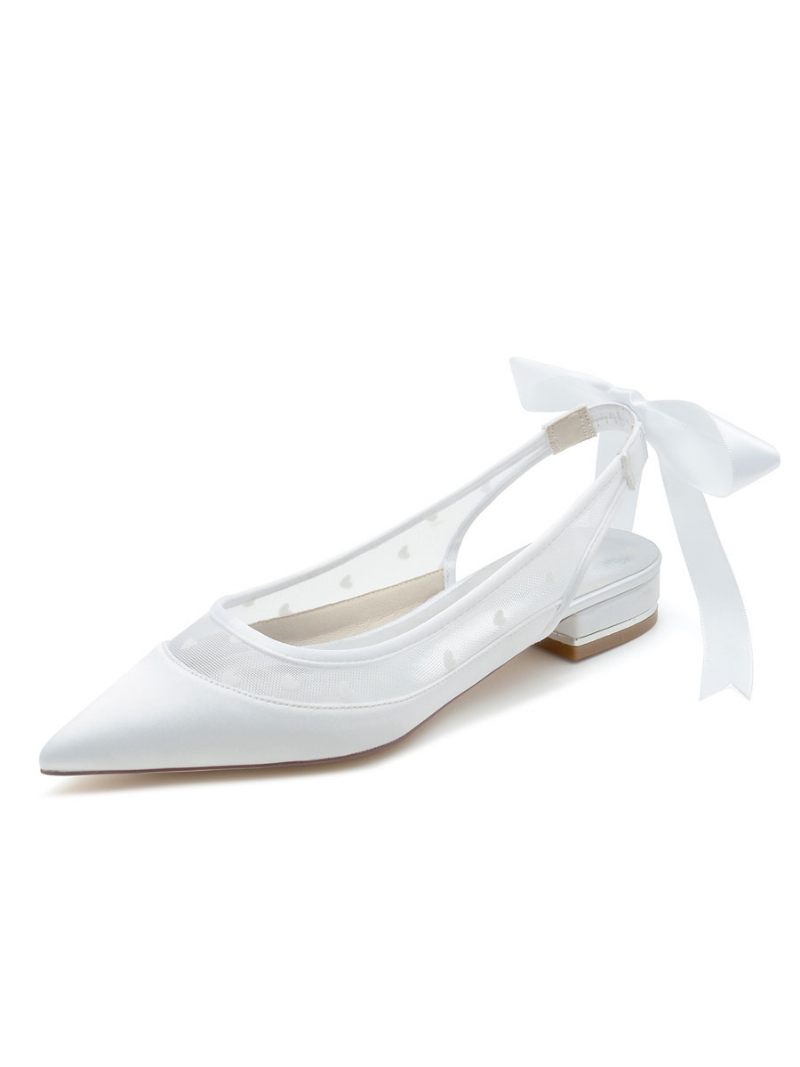 Chaussures Mariage Pour Femmes Mariée Maille Brodée À Bout Pointu Et Talon Chiot - Blanc