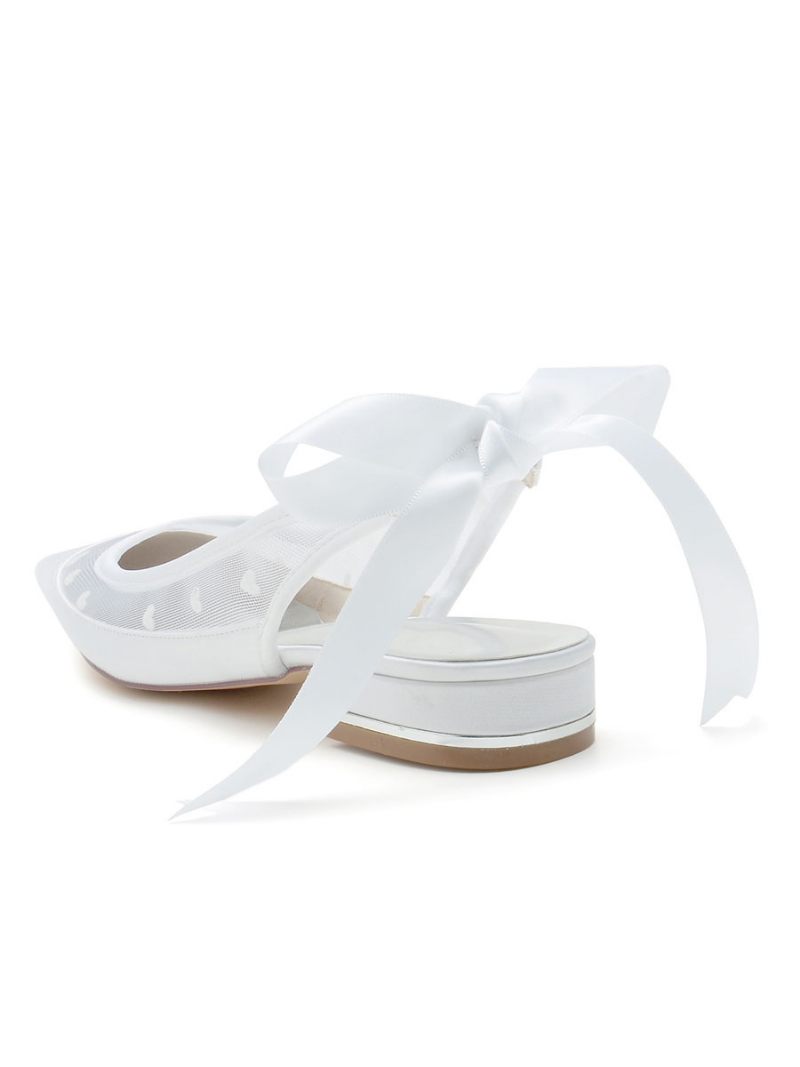 Chaussures Mariage Pour Femmes Mariée Maille Brodée À Bout Pointu Et Talon Chiot - Blanc