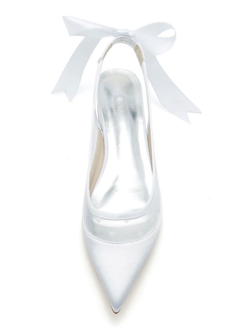 Chaussures Mariage Pour Femmes Mariée Maille Brodée À Bout Pointu Et Talon Chiot - Blanc