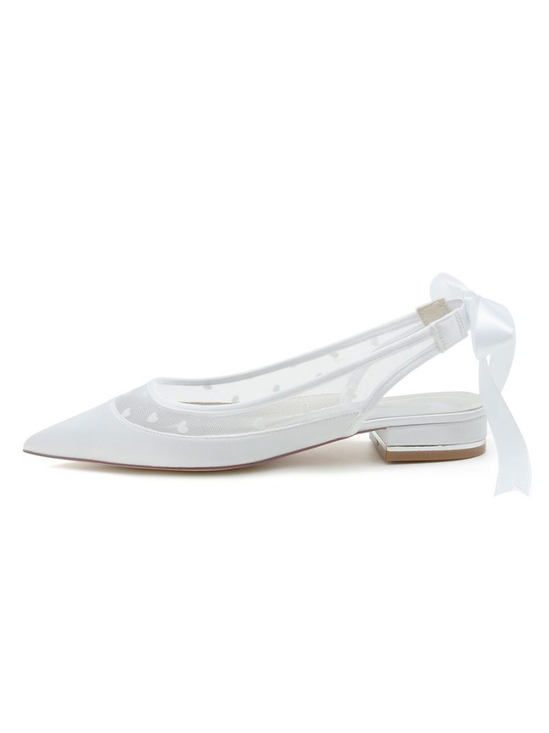 Chaussures Mariage Pour Femmes Mariée Maille Brodée À Bout Pointu Et Talon Chiot - Blanc