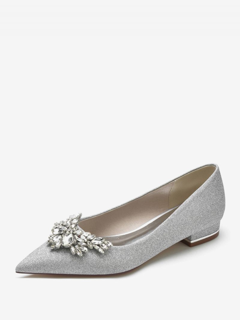 Chaussures Mariage Pour Femmes Mariée Plates À Bout Pointu Et Strass - Argent