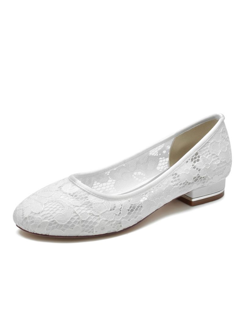 Chaussures Mariage Pour Femmes Mariée Plates Dentelle Brodée À Bout Rond - Blanc