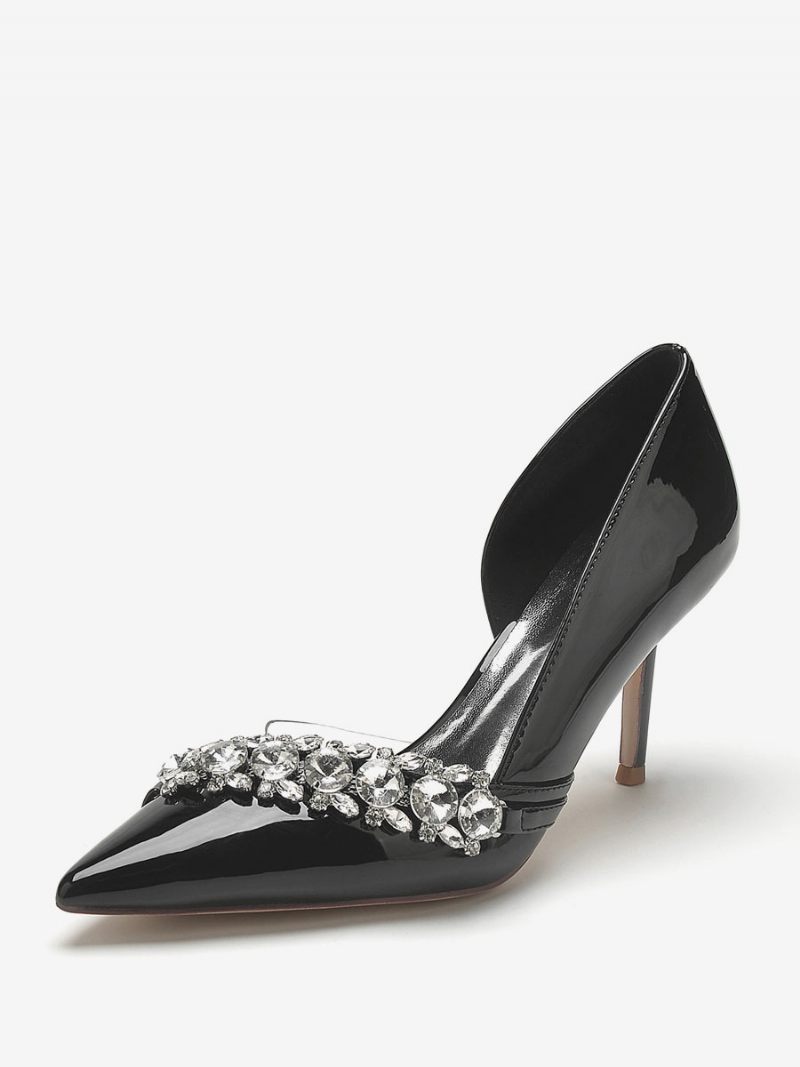 Chaussures Mariage Pour Femmes Mère La Mariée Pu Verni Bout Pointu Strass 3.3 Pouces - Noir