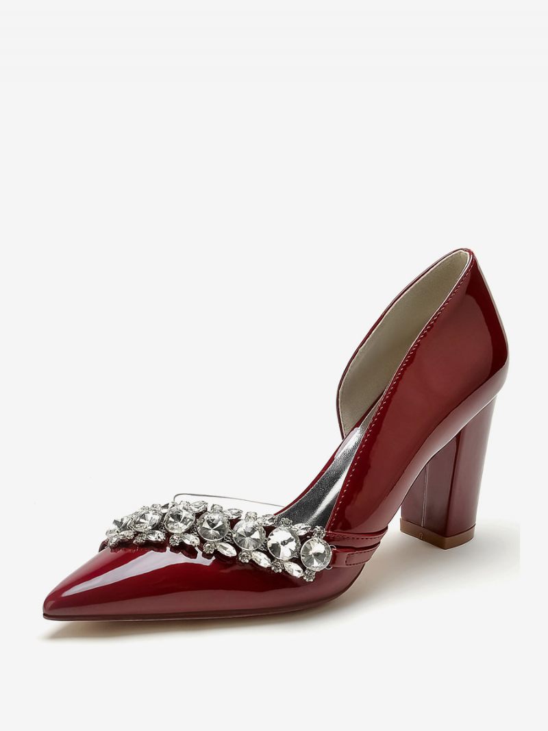 Chaussures Mariage Pour Femmes Mère La Mariée Pu Verni Bout Pointu Strass 3.3 Pouces - Bordeaux