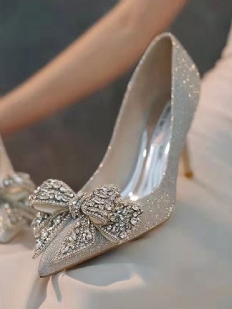 Chaussures Mariage Pour Femmes Paillettes Argent Bout Pointu Strass Nœud Talon Aiguille Fête