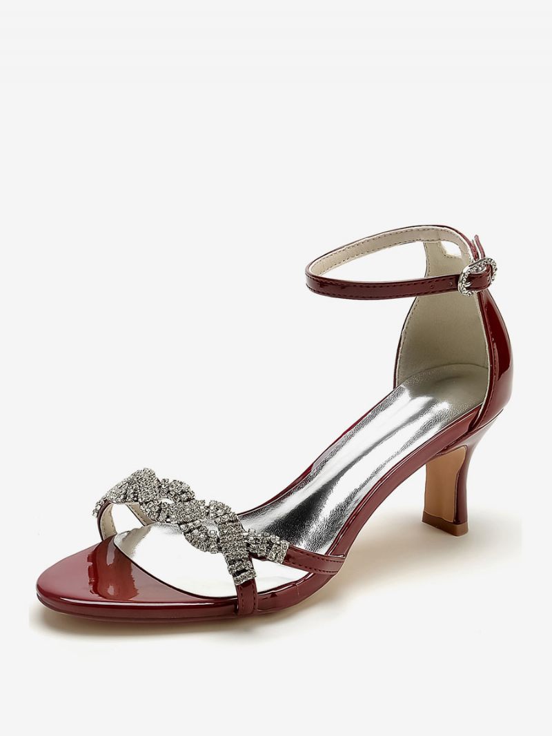 Chaussures Mariage Pour Femmes Sandales À Bout Ouvert Pu Verni Avec Strass Noirs - Bordeaux