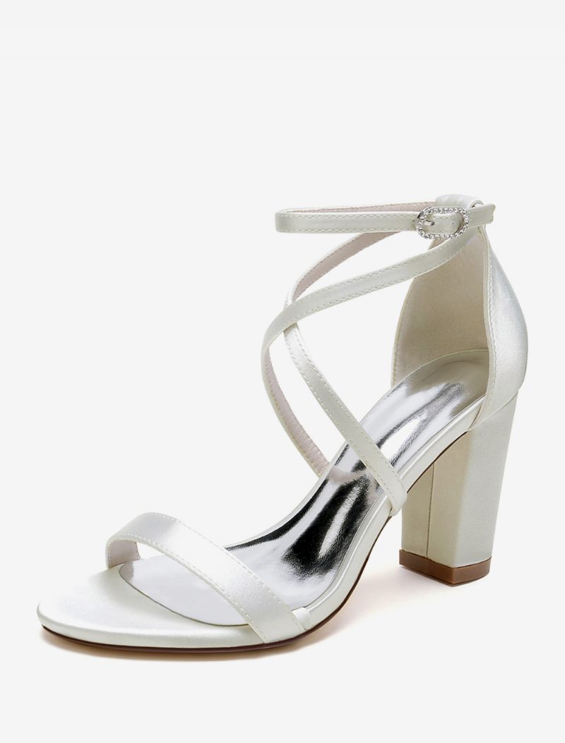 Chaussures Mariage Pour Femmes Sandales À Bout Ouvert Satin Blanc - Ivoire