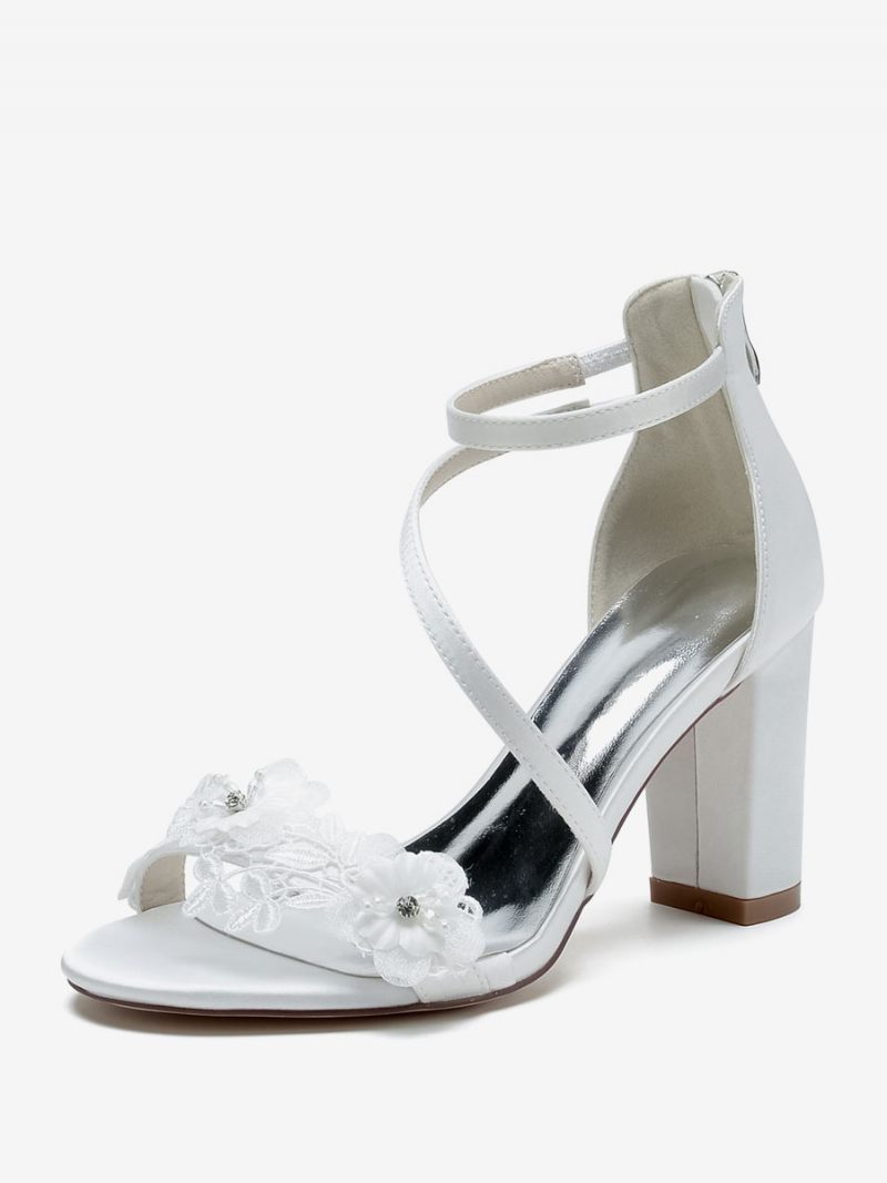 Chaussures Mariage Pour Femmes Sandales Brodées Blanches Satin À Bout Ouvert - Blanc