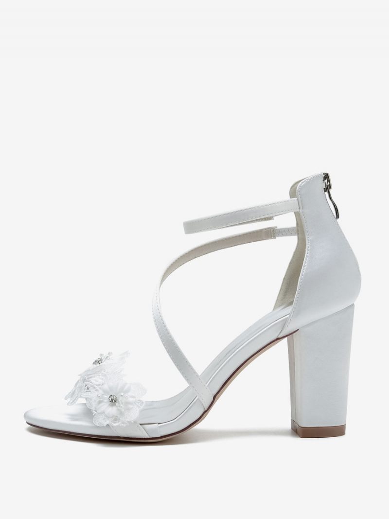 Chaussures Mariage Pour Femmes Sandales Brodées Blanches Satin À Bout Ouvert - Blanc