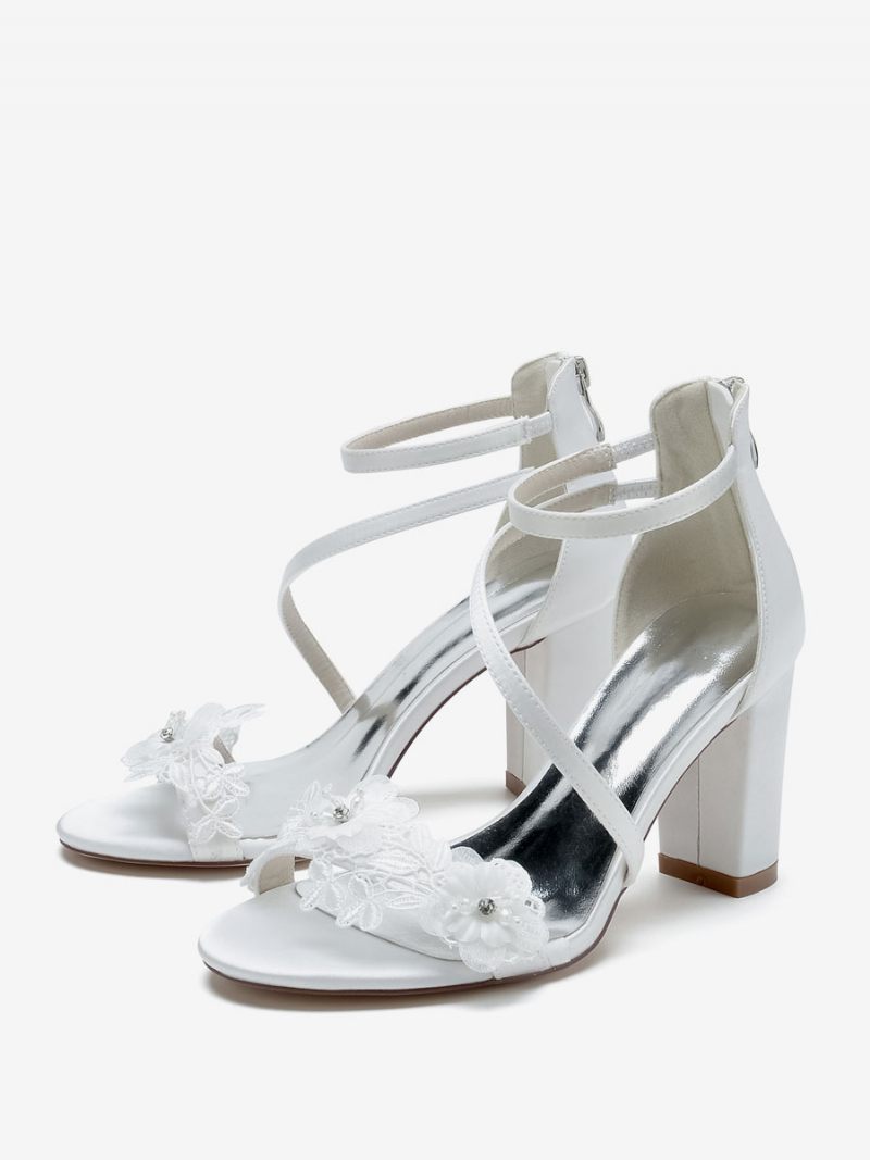 Chaussures Mariage Pour Femmes Sandales Brodées Blanches Satin À Bout Ouvert - Blanc