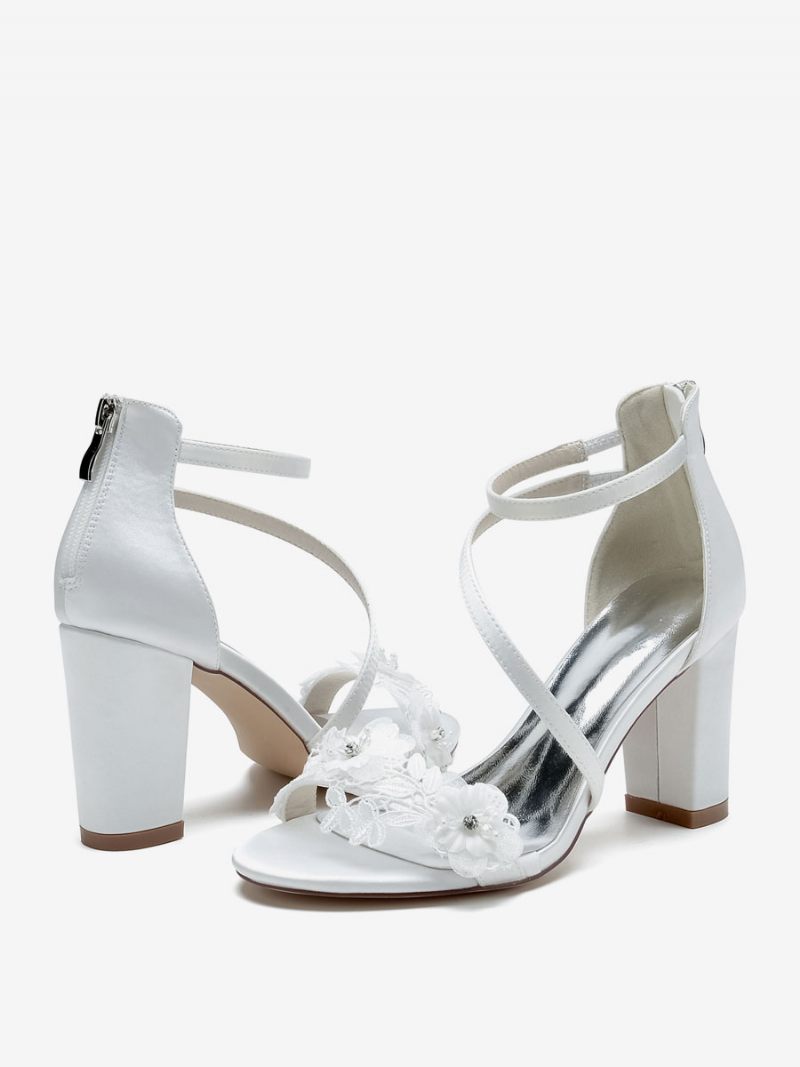 Chaussures Mariage Pour Femmes Sandales Brodées Blanches Satin À Bout Ouvert - Blanc