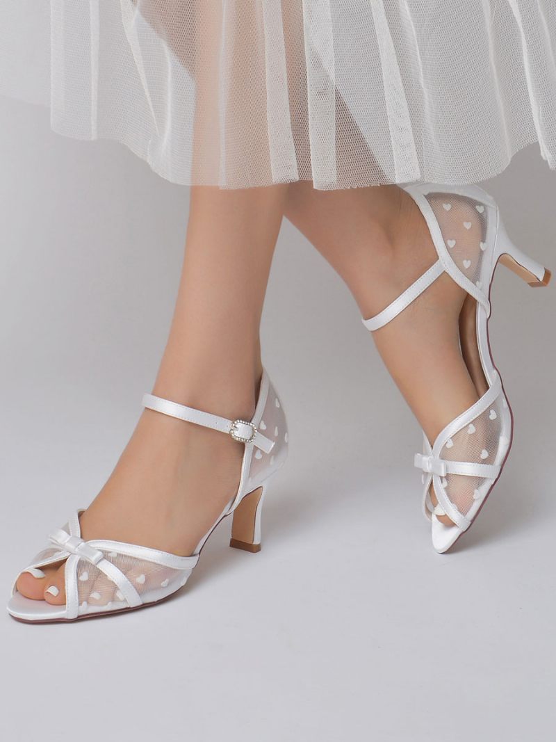 Chaussures Mariage Pour Femmes Sandales Mariée Maille À Talons Épais - Blanc