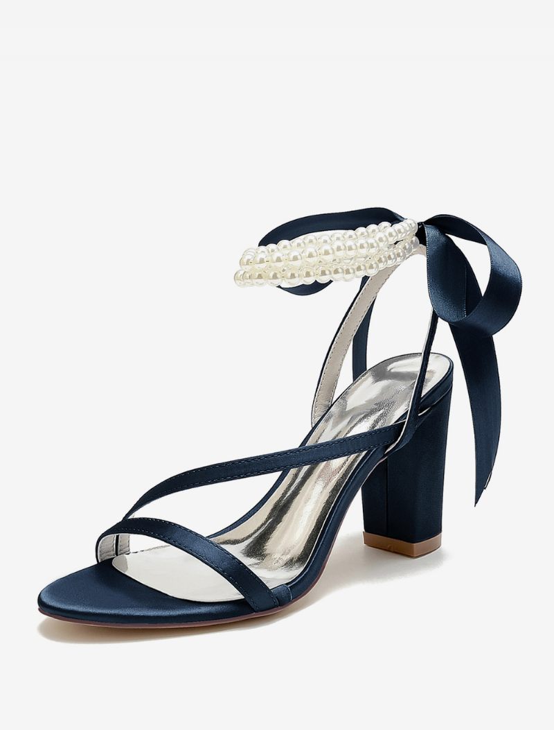 Chaussures Mariage Pour Femmes Satin Avec Nœuds Blancs Sandales À Bout Ouvert - Bleu Profond