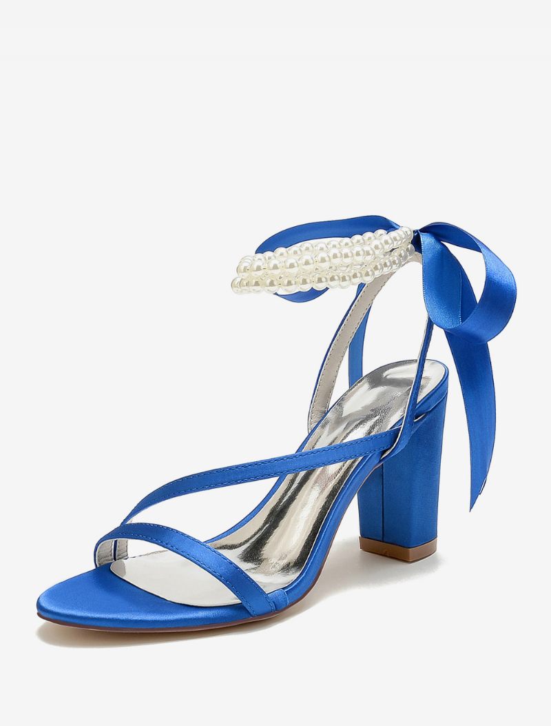 Chaussures Mariage Pour Femmes Satin Avec Nœuds Blancs Sandales À Bout Ouvert - Bleu Royal