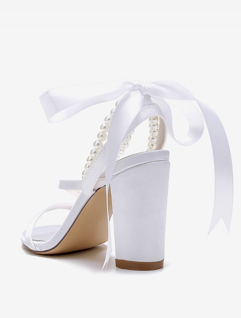 Chaussures Mariage Pour Femmes Satin Avec Nœuds Blancs Sandales À Bout Ouvert - Blanc