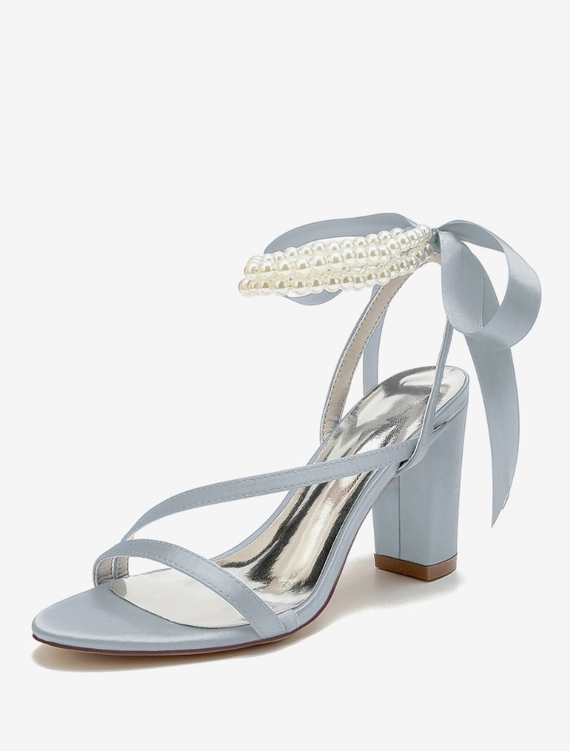 Chaussures Mariage Pour Femmes Satin Avec Nœuds Blancs Sandales À Bout Ouvert - Argent