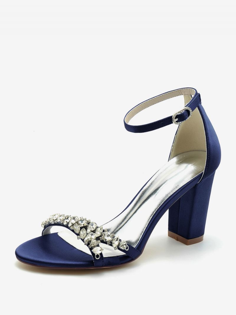 Chaussures Mariage Pour Femmes Satin Blanc Bout Ouvert Strass Talon Épais Mariée - Bleu Profond