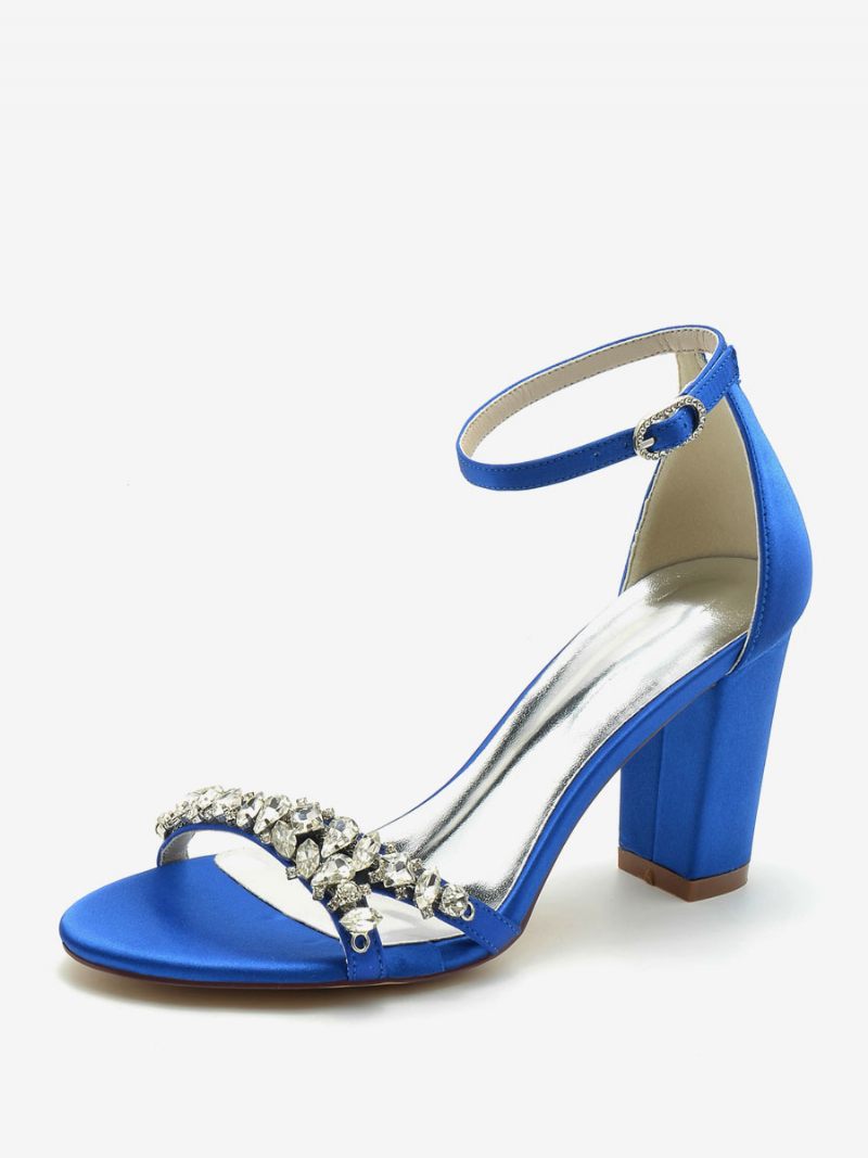 Chaussures Mariage Pour Femmes Satin Blanc Bout Ouvert Strass Talon Épais Mariée - Bleu Royal