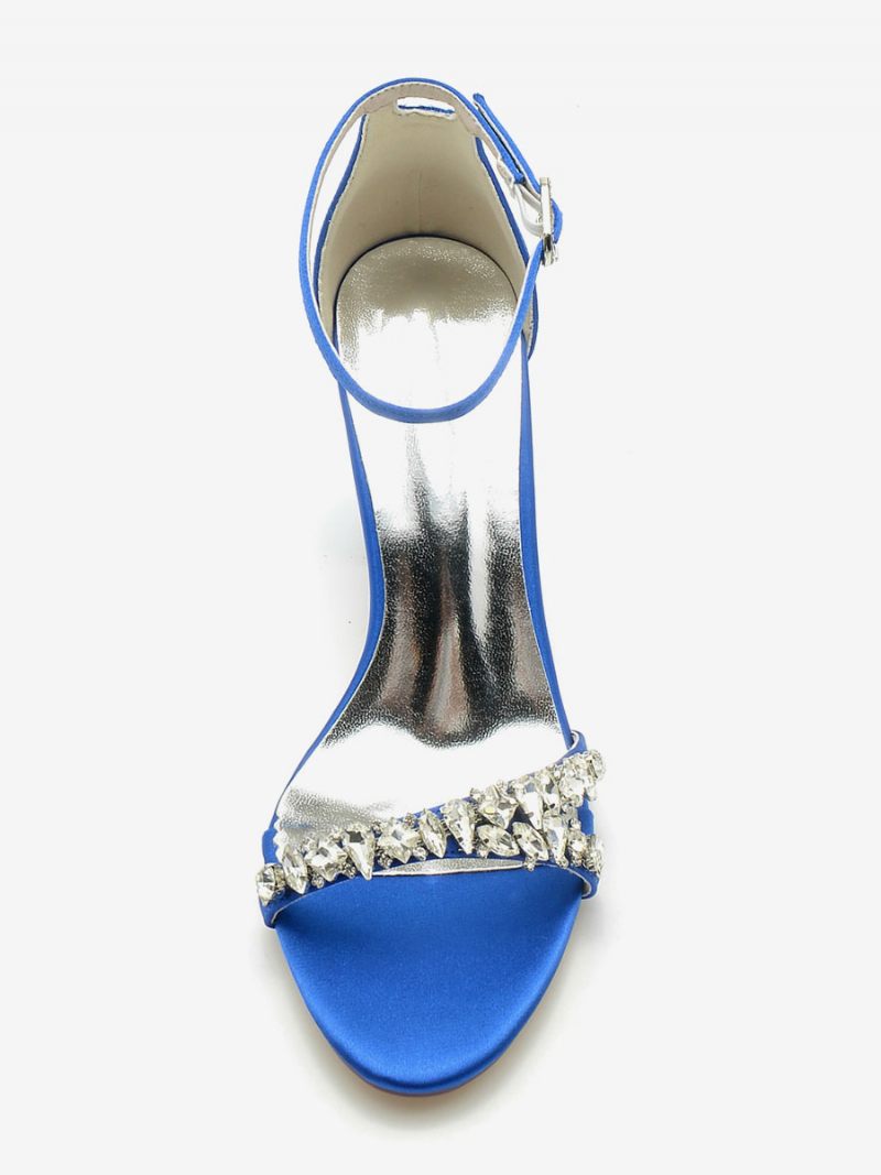 Chaussures Mariage Pour Femmes Satin Blanc Bout Ouvert Strass Talon Épais Mariée - Bleu Royal