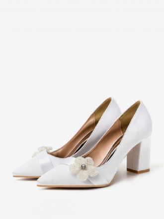 Chaussures Mariage Pour Femmes Satin Blanc Bout Pointu Perles Talon Épais Mariée