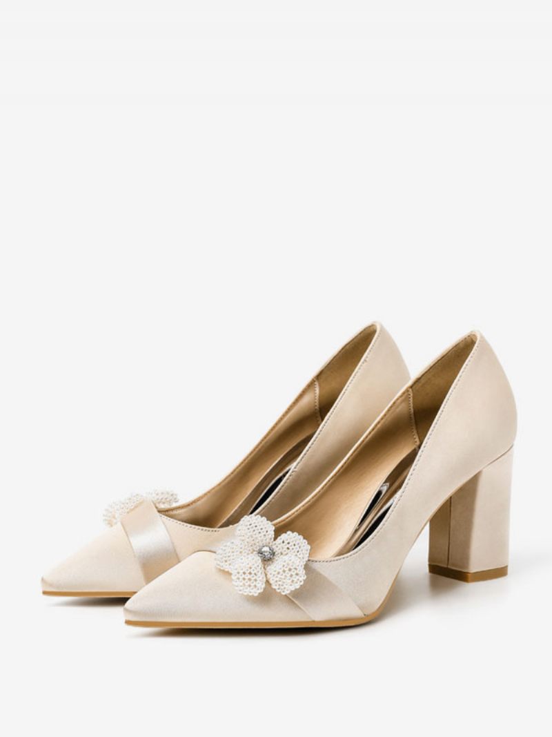 Chaussures Mariage Pour Femmes Satin Blanc Bout Pointu Perles Talon Épais Mariée - Jaune Clair