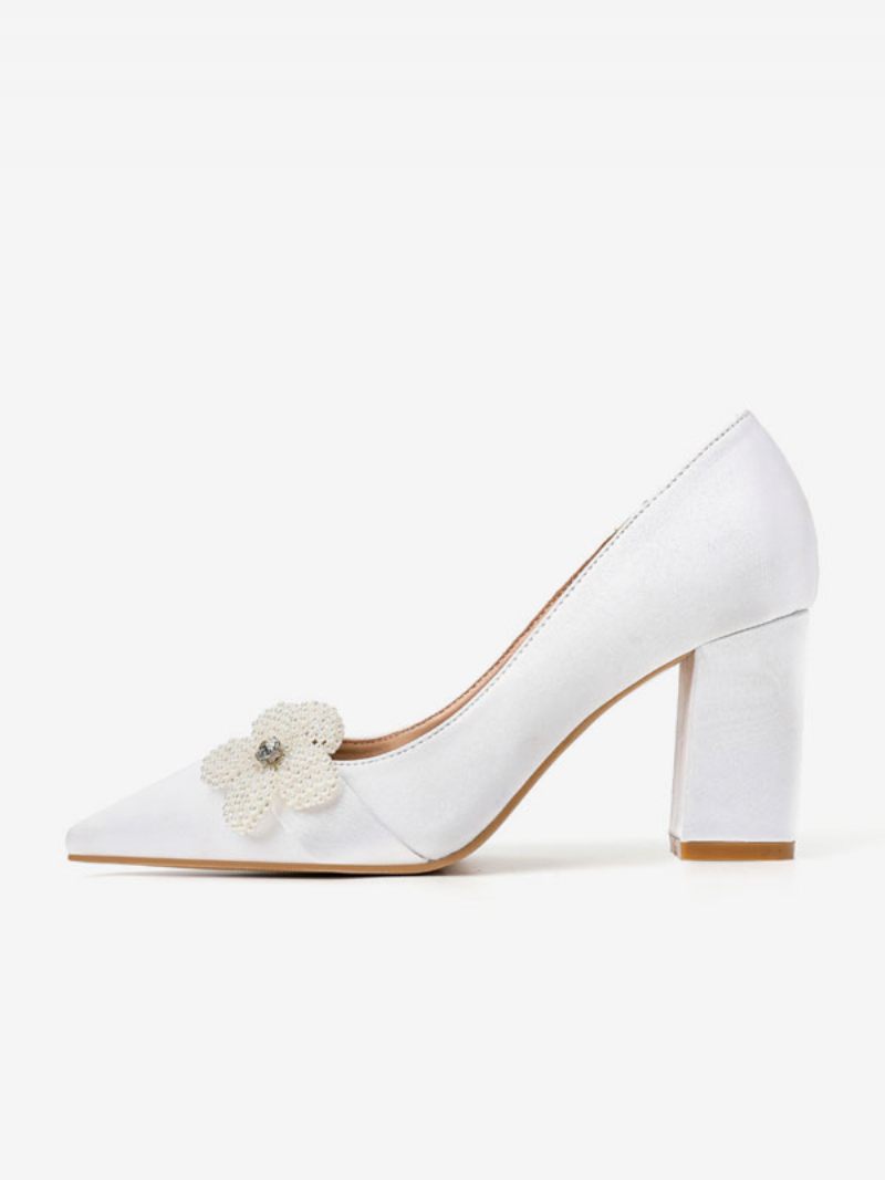 Chaussures Mariage Pour Femmes Satin Blanc Bout Pointu Perles Talon Épais Mariée - Blanc