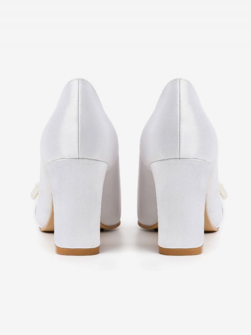 Chaussures Mariage Pour Femmes Satin Blanc Bout Pointu Perles Talon Épais Mariée - Blanc