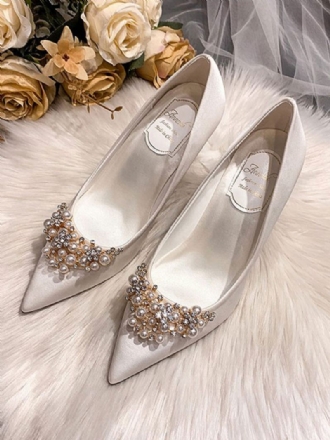 Chaussures Mariage Pour Femmes Satin Blanc Bout Pointu Strass Talon Aiguille Mariée