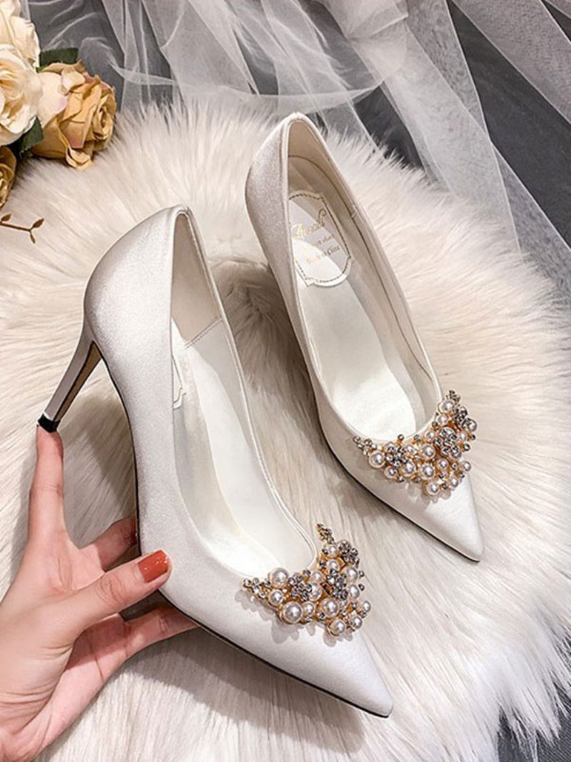 Chaussures Mariage Pour Femmes Satin Blanc Bout Pointu Strass Talon Aiguille Mariée - Blanc