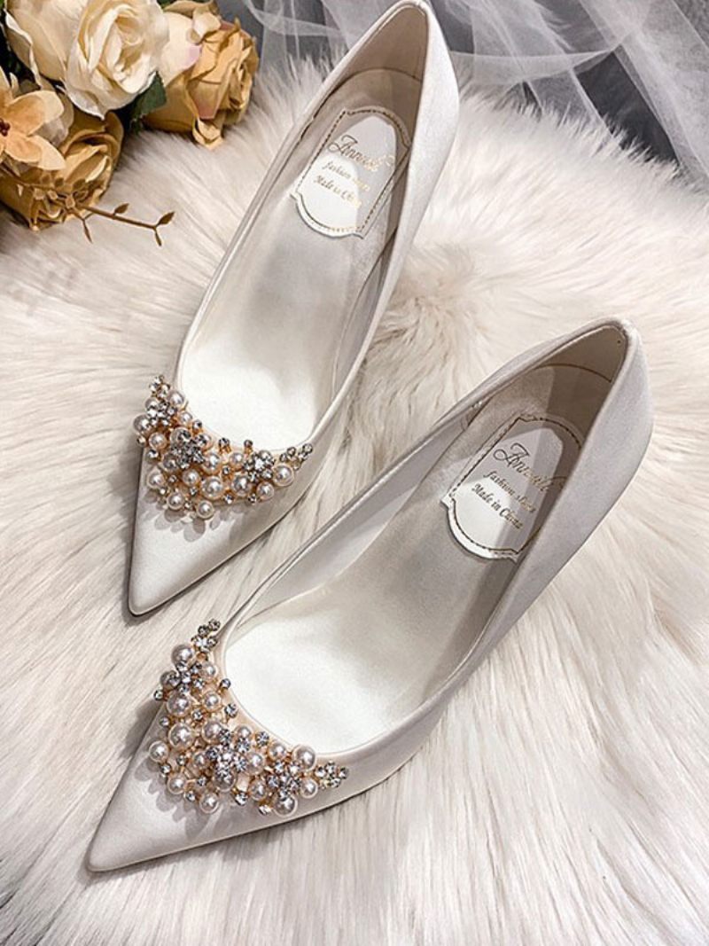 Chaussures Mariage Pour Femmes Satin Blanc Bout Pointu Strass Talon Aiguille Mariée - Blanc