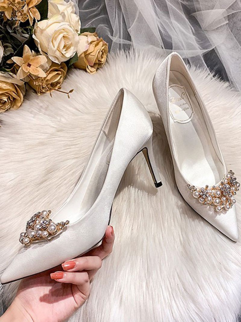 Chaussures Mariage Pour Femmes Satin Blanc Bout Pointu Strass Talon Aiguille Mariée - Blanc