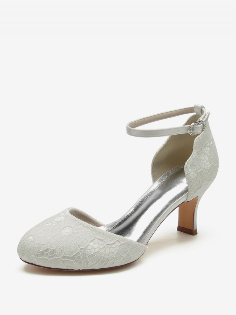 Chaussures Mariage Pour Femmes Satin Blanc Bout Rond Strass Talon Épais Mariée - Ivoire