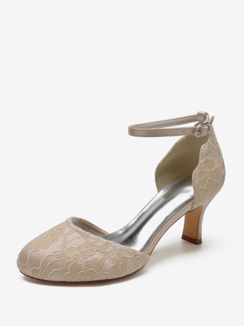 Chaussures Mariage Pour Femmes Satin Blanc Bout Rond Strass Talon Épais Mariée - Champagne