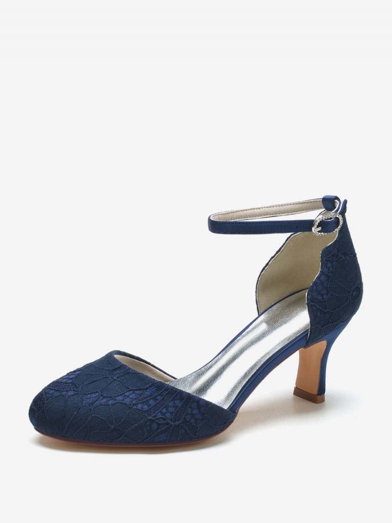 Chaussures Mariage Pour Femmes Satin Blanc Bout Rond Strass Talon Épais Mariée - Bleu Profond