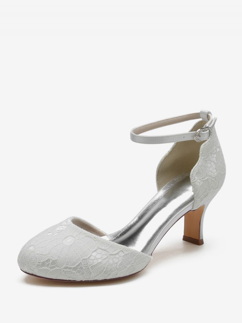 Chaussures Mariage Pour Femmes Satin Blanc Bout Rond Strass Talon Épais Mariée - Blanc