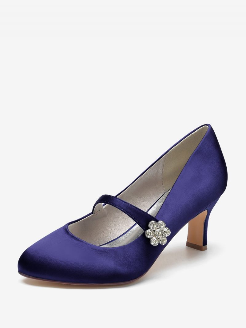 Chaussures Mariage Pour Femmes Satin Blanc Bout Rond Strass Talon Épais Mariée Vintage - Bleu Profond