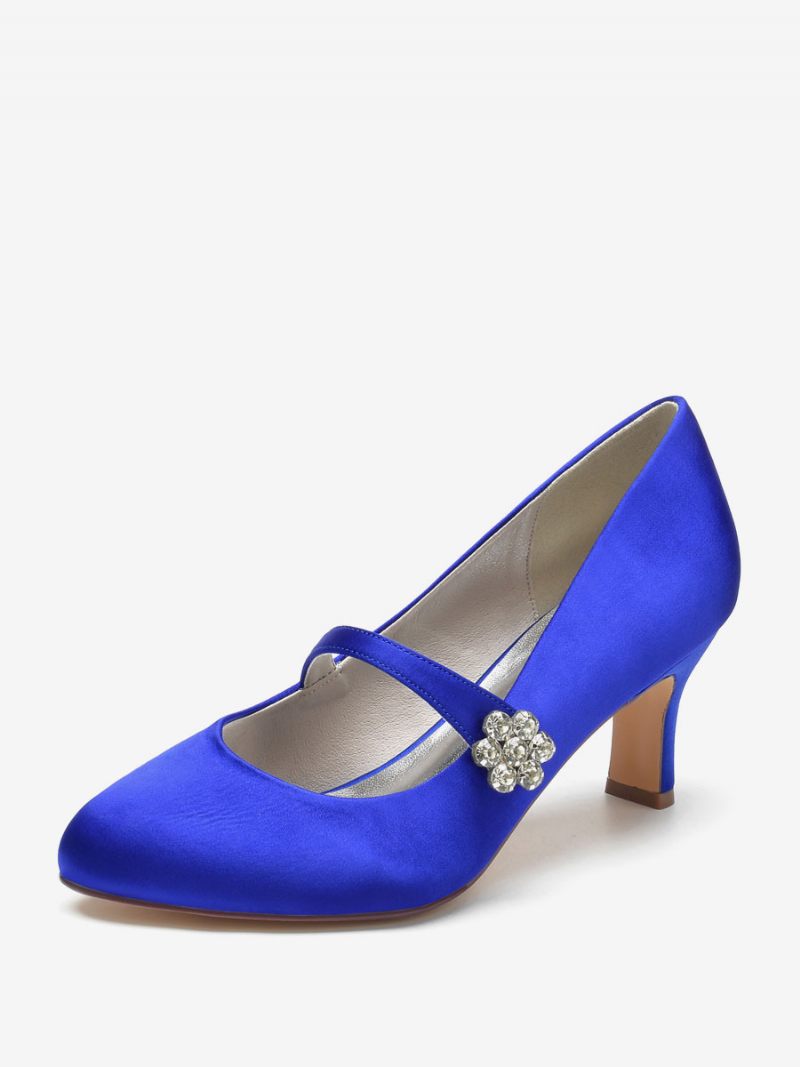 Chaussures Mariage Pour Femmes Satin Blanc Bout Rond Strass Talon Épais Mariée Vintage - Bleu Royal