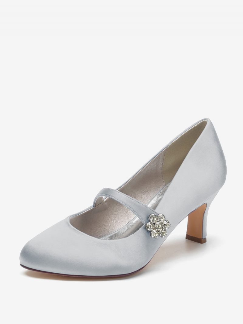 Chaussures Mariage Pour Femmes Satin Blanc Bout Rond Strass Talon Épais Mariée Vintage - Argent