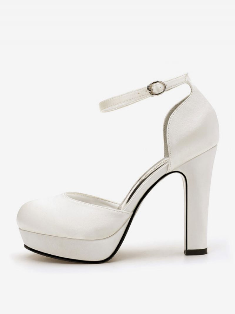 Chaussures Mariage Pour Femmes Satin Blanc Bout Rond Talon Épais Mariée - Blanc